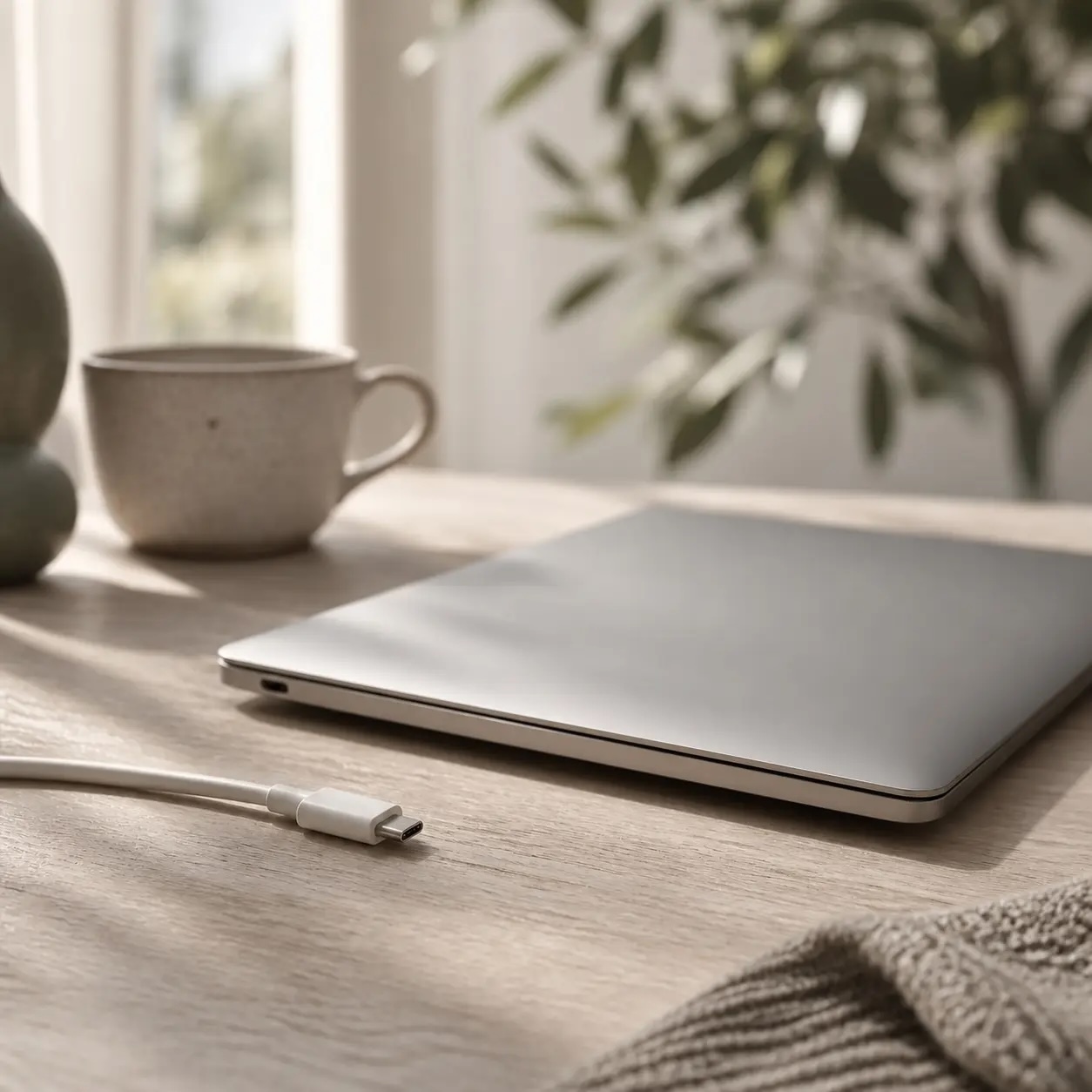 Workspace with an unplugged laptop. Learn how to switch off with stress management programme for professionals.