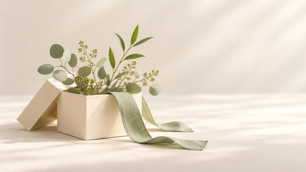 Open gift box with eucalyptus sprigs and a sage green ribbon, representing a corporate wellness programme for employees