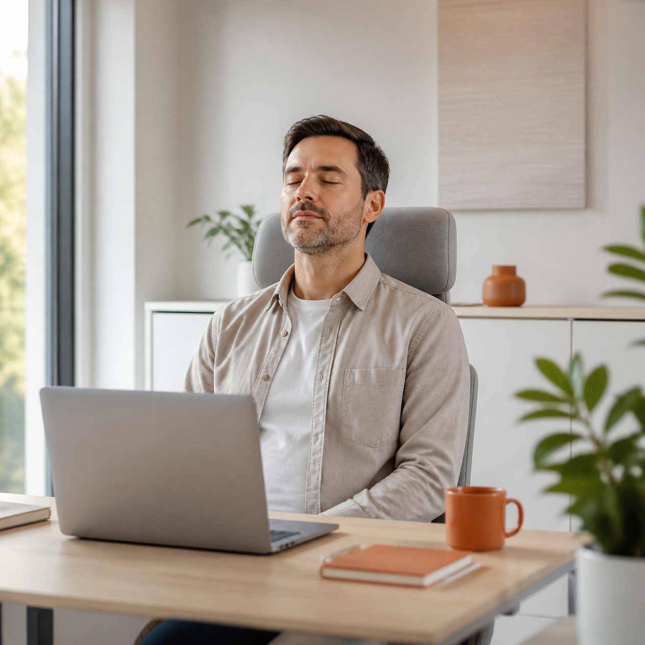 Employee taking a calm pause at his desk during the working day